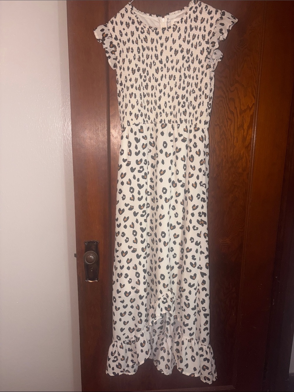 Girls White Leopard Print Ruffle Hem Dress